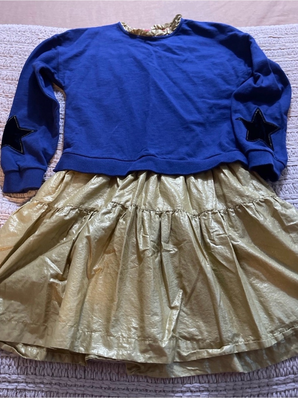 Mini Boden Blue Star Sleeve Sweatshirt with Gold Tiered Skirt